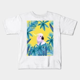 Cockatoo with tropical leaves in watercolor and a yellow background Kids T-Shirt